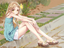 Rule 34 | 1girl, ass, bare shoulders, blonde hair, blue dress, dated, derivative work, dress, feet, flower, full body, grin, hair flower, hair ornament, kokugo, legs, crossed legs, long fingers, long hair, looking at viewer, outdoors, sandals, short shorts, shorts, sitting, smile, solo, yellow eyes