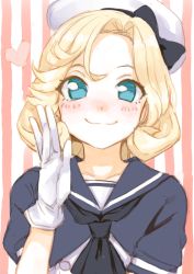 Rule 34 | 1girl, blonde hair, blue eyes, blue sailor collar, dress, gloves, hand up, hat, heart, janus (kancolle), kantai collection, kumadano, looking at viewer, parted bangs, sailor collar, sailor dress, sailor hat, short hair, short sleeves, smile, solo, striped, striped background, white dress, white gloves, white hat