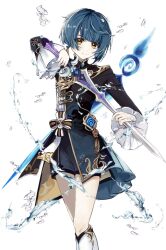 Rule 34 | 1boy, absurdres, asymmetrical hair, blue brooch, blue coat, blue hair, blue shorts, blunt bangs, boots, coat, crossed legs, frilled sleeves, frills, genshin impact, gold trim, hair intakes, hair ornament, head tilt, highres, holding, holding sword, holding weapon, hydrokinesis, knee boots, kodona, lolita fashion, looking at viewer, onmoynn, short hair, short shorts, shorts, simple background, smile, standing, sword, tareme, tassel, tassel hair ornament, turtleneck, two-sided coat, two-sided fabric, vision (genshin impact), water, weapon, weapon on back, white background, white footwear, xingqiu (genshin impact), yellow eyes