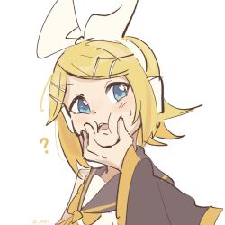 Rule 34 | 1boy, 1girl, ?, bare shoulders, black collar, black sleeves, blonde hair, blue eyes, bow, cheek squash, collar, crop top, detached sleeves, hair bow, hair ornament, hairclip, highres, kagamine len, kagamine rin, looking at another, m0ti, open mouth, out of frame, sailor collar, school uniform, shirt, short hair, sideways glance, sweat, swept bangs, twitter username, upper body, vocaloid, white background, white bow, white shirt, yellow neckwear