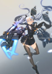 Rule 34 | 1girl, ayaki, black thighhighs, blurry, claws, depth of field, grey eyes, hair ornament, highres, looking at viewer, mechanical arms, original, scarf, science fiction, silver hair, single mechanical arm, skirt, solo, thighhighs, twintails, weapon