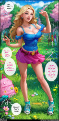 Rule 34 | absurdres, aqua footwear, aroma sensei, backpack, bag, bare shoulders, belt, blonde hair, blue eyes, blue shirt, blush, breasts, camisole, cleavage, collarbone, contrapposto, english text, forehead, forest, frilled shirt, frills, full body, grass, haley (stardew valley), hands up, harvey (stardew valley), high tops, highres, jewelry, large breasts, long hair, looking at viewer, maru (stardew valley), midriff peek, miniskirt, mole, mole on breast, nature, necklace, nose, outdoors, parted hair, penny (stardew valley), petals, pink skirt, shirt, shoes, skirt, sneakers, socks, solo focus, speech bubble, standing, star (symbol), stardew valley, wavy hair, white socks