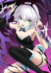 Rule 34 | 1girl, absurdres, alternate costume, bare shoulders, black panties, black thighhighs, black vest, breasts, cropped vest, dual wielding, facial scar, fate/apocrypha, fate/grand order, fate (series), green eyes, hair between eyes, highres, holding, jack the ripper (fate/apocrypha), leotard, looking at viewer, open mouth, panties, playboy bunny, scar, scar across eye, scar on cheek, scar on face, shiina aono, short hair, shoulder tattoo, signature, slit pupils, small breasts, solo, tattoo, thighhighs, underwear, vest, white hair