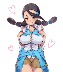 Rule 34 | 00s, 1girl, black hair, blush, bow, bowtie, braid, breasts, brown eyes, bursting breasts, candice (pokemon), cleavage, clothes around waist, creatures (company), double v, game freak, grin, gym leader, hair ornament, hairclip, heart, hizuki akira, large breasts, miniskirt, multi-tied hair, nintendo, pokemon, pokemon dppt, shorts, skirt, smile, solo, sweater, sweater around waist, twin braids, v