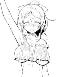 Rule 34 | 10s, 1girl, arm up, armpits, ayase eli, bare shoulders, blush, breasts, closed eyes, crop top, crop top overhang, greyscale, hirowa nagi, large breasts, love live!, love live! school idol project, midriff, monochrome, no bra, open mouth, simple background, sketch, smile, solo, standing, strap slip, tank top, underboob, wet, wet clothes, white background