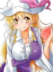 Rule 34 | 1girl, blonde hair, bow, breasts, cleavage, commentary request, food, fruit, hat, hat bow, highres, holding, holding food, large breasts, long hair, looking at viewer, oshiaki, peach, shirt, smile, solo, touhou, very long hair, watatsuki no toyohime, white shirt, wide sleeves, yellow eyes