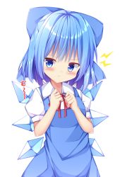 Rule 34 | 1girl, :t, arms up, blue dress, blue eyes, blue hair, blush, cirno, clenched hands, dress, hair ribbon, head tilt, highres, looking at viewer, pinafore dress, pout, puffy short sleeves, puffy sleeves, red neckwear, red ribbon, ribbon, sabana, shirt, short hair, short sleeves, simple background, sleeveless dress, solo, standing, touhou, upper body, white background, white shirt, wings