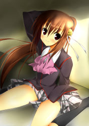 Rule 34 | 1girl, absurdres, bad id, bad pixiv id, bow, brown hair, highres, little busters!, long hair, mea (brunhilde), natsume rin, pink bow, plaid, plaid skirt, ponytail, red eyes, school uniform, skirt, solo