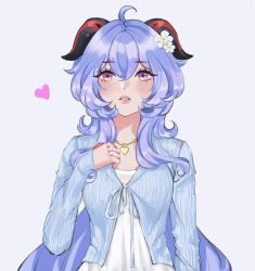 Rule 34 | 1girl, ahoge, alternate costume, arm at side, blouse, blue hair, blue shirt, breasts, casual, eyelashes, flower, front-tie top, ganyu (genshin impact), genshin impact, goat horns, gold necklace, hair between eyes, hair flower, hair ornament, heart, heart pendant, highres, horns, jewelry, lips, long hair, long sleeves, looking at viewer, necklace, parted lips, pink lips, purple eyes, shirt, simple background, sleeves past wrists, small breasts, solo, teeth, upper body, upper teeth only, waterflower, wavy hair, white background, white flower, white shirt
