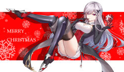 Rule 34 | 1girl, azur lane, boots, breasts, butterfly hair ornament, choker, christmas present, cleavage, commentary request, dress, dunkerque (azur lane), elbow gloves, eternity (pixiv8012826), gift, gloves, grey hair, hair ornament, highres, jacket, juliet sleeves, large breasts, long hair, long sleeves, looking at viewer, merry christmas, pink eyes, puffy sleeves, red background, shadow, sidelocks, snowflake background, solo, thigh boots, thighhighs, white background, white dress