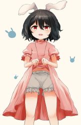 Rule 34 | 1girl, animal ears, ar (maeus), black hair, bloomers, blush, carrot necklace, clothes lift, commentary request, dress, dress lift, feet out of frame, floppy ears, frilled sleeves, frills, hair between eyes, highres, inaba tewi, jewelry, lifting own clothes, looking at viewer, necklace, open mouth, pink dress, rabbit ears, rabbit girl, red eyes, short hair, simple background, solo, touhou, underwear, wavy hair, white bloomers, yellow background