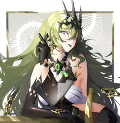 Rule 34 | 1girl, arm on table, asymmetrical gloves, bare shoulders, black dress, black gloves, black headwear, collar, colored tongue, crown, detached sleeves, dress, earrings, forked tongue, gem, gloves, green eyes, green gemstone, green hair, green tongue, headpiece, highres, honkai (series), honkai impact 3rd, jewelry, long hair, mobius (honkai impact), sidelocks, single earring, sleeveless, sleeveless dress, slit pupils, spikes, tongue, tongue out, tutou jiang, two-tone eyes, v, wavy hair