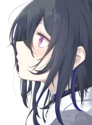 Rule 34 | 1girl, amaner, black hair, blue hair, closed mouth, earrings, hair between eyes, highres, ichinose uruha, jewelry, long hair, looking to the side, looking up, multicolored hair, purple eyes, shirt, simple background, solo, streaked hair, virtual youtuber, vspo!, white background, white shirt