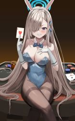 Rule 34 | 1girl, absurdres, ace (playing card), ace of diamonds, ace of hearts, ace of spades, animal ears, asuna (blue archive), asuna (bunny) (blue archive), bare shoulders, blue archive, blue bow, blue bowtie, blue eyes, blue leotard, blue ribbon, bow, bowtie, breasts, brown background, brown pantyhose, card, cleavage, collar, crossed legs, detached collar, diamond (shape), fake animal ears, feet out of frame, gloves, grin, groin, hair over one eye, hair ribbon, halo, hand on own chest, heart, highleg, highleg leotard, highres, holding, holding card, large breasts, leepy, leotard, light brown hair, long hair, looking at viewer, mole, mole on breast, official alternate costume, on table, pantyhose, playboy bunny, playing card, poker chip, rabbit ears, ribbon, sidelocks, sitting, smile, solo, spade (shape), strapless, strapless leotard, swept bangs, table, teeth, thighband pantyhose, thighs, traditional bowtie, very long hair, white collar, white gloves