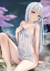Rule 34 | 1girl, :o, absurdres, areola slip, arm support, ayaka (genshin impact), bare shoulders, bathing, blue eyes, blue hair, blunt bangs, blush, breasts, cherry blossoms, collarbone, covered navel, covering privates, genshin impact, highres, knee up, lantern, light blue hair, long hair, looking at viewer, medium breasts, night, night sky, nude cover, onsen, open mouth, revision, rock, sidelocks, sitting, skai kun, sky, solo, star (sky), steam, thighs, towel, water, wet, wet towel, white towel