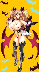 Rule 34 | 1girl, absurdres, artist request, bat (symbol), blonde hair, blue eyes, boots, breasts, cameltoe, cleavage, cosplay, costume, covered navel, curvy, demon girl, fake wings, fingerless gloves, full body, gloves, halloween costume, hand on own hip, highleg, highleg leotard, highres, huge breasts, leotard, lilith-soft, long hair, looking at viewer, nail polish, official alternate costume, onizaki kirara, revealing clothes, shiny skin, smile, taimanin (series), taimanin rpgx, thong leotard, twintails, upper body, wings