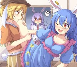 Rule 34 | !?, 3girls, ;d, @ @, animal ears, arm support, blue dress, blue hair, blush, braid, breasts, brown headwear, buttons, cabbie hat, closed mouth, collarbone, collared shirt, commentary request, dress, dry humping, ear tag, fang, floppy ears, frills, hat, highres, humping, leg grab, legs, light purple hair, long hair, medium breasts, meme, midriff, midriff peek, misunderstanding, multiple girls, necktie, neko mata, one eye closed, open mouth, orange shirt, parted bangs, pink skirt, pleated skirt, puffy short sleeves, puffy sleeves, rabbit ears, rabbit tail, red eyes, red necktie, reisen udongein inaba, ringo (touhou), seiran (touhou), sexually suggestive, shaded face, shirt, short hair, short sleeves, shorts, skin fang, skirt, smile, split, standing, striped clothes, striped shorts, sweatdrop, table, tail, tears, thighs, touhou, twin braids, walk-in, white shirt, wing collar, wooden floor, wooden table, yellow shorts, yuri