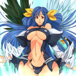 Rule 34 | 1girl, asymmetrical wings, bare shoulders, blue hair, bow, breasts, dizzy (guilty gear), guilty gear, guilty gear x, guilty gear xx, hair bow, hataraki ari, large breasts, long hair, looking at viewer, navel, parted lips, red eyes, solo, tail, torn clothes, underboob, wide hips, wings