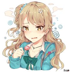 Rule 34 | 1girl, @ @, blue nails, blush, bow, bowtie, brown hair, candy, cardigan, collarbone, collared shirt, cropped torso, ear piercing, earrings, fingernails, food, green bow, green bowtie, hair ornament, hair scrunchie, hairclip, holding, idolmaster, idolmaster cinderella girls, jewelry, lollipop, long hair, morikubo nono, nail polish, necklace, nose blush, one side up, parted lips, piercing, scrunchie, shirt, signature, solo, sweatdrop, tears, tuxedo de cat, upper body, wavy mouth, wing collar