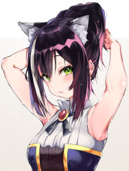 Rule 34 | 1girl, absurdres, adjusting hair, animal ear fluff, animal ears, armpits, arms up, black hair, blush, cat ears, cat girl, gradient background, green eyes, grey background, highres, karyl (princess connect!), looking at viewer, multicolored hair, nonaturednerd, ponytail, princess connect!, short hair, sleeveless, solo, streaked hair, upper body, wet, wet hair, white hair