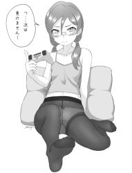Rule 34 | 1girl, bare shoulders, black pantyhose, blush, camisole, controller, feet, game controller, greyscale, gusset, looking at viewer, monochrome, navel, no shoes, panties, panties under pantyhose, pantyhose, pillow, rinoda mano, school girl strikers, sitting, soles, sunsun69, thighband pantyhose, translated, twintails, underwear