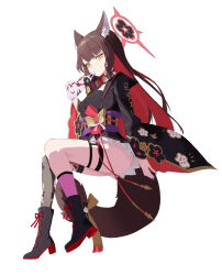 Rule 34 | 1girl, absurdres, animal ears, ass, black kimono, black nails, blue archive, blush, boots, bow, breasts, brown hair, choker, colored inner hair, covering own mouth, cross-laced footwear, eyeshadow, fox ears, fox girl, fox mask, fox tail, full body, halo, highres, holding, holding mask, japanese clothes, kimono, long hair, long sleeves, looking at viewer, mahou gnome, makeup, mask, multicolored hair, no panties, obi, red eyeshadow, red hair, red halo, sash, short kimono, simple background, single thighhigh, skirt, solo, tail, tail bow, tail ornament, thigh strap, thighhighs, unworn mask, wakamo (blue archive), white background, white skirt, wide sleeves, yellow bow, yellow eyes