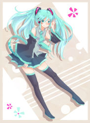 Rule 34 | 1girl, aqua hair, bad id, bad pixiv id, bluetenbin, blush, boots, detached sleeves, female focus, full body, green eyes, hatsune miku, headphones, long hair, necktie, skirt, smile, solo, thigh boots, thighhighs, twintails, very long hair, vocaloid, white background