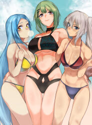 Rule 34 | 3girls, alternate costume, arm up, bare shoulders, bikini, black bikini, blue eyes, blue hair, blush, breasts, cleavage, closed mouth, collarbone, feet out of frame, girls&#039; frontline, green hair, grey hair, hair ornament, hairclip, highres, kojima (blue stardust), large breasts, long hair, looking at viewer, lwmmg (girls&#039; frontline), m249 saw (girls&#039; frontline), medium breasts, mk48 (girls&#039; frontline), multicolored bikini, multicolored clothes, multiple girls, navel, open mouth, orange eyes, red eyes, simple background, smile, standing, swimsuit, thank you, twintails, very long hair, yellow bikini