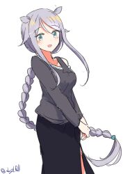Rule 34 | 1girl, absurdres, black skirt, blue eyes, braid, feet out of frame, grey hair, grey shirt, hair flaps, highres, kantai collection, long hair, official alternate costume, one-hour drawing challenge, robinson (day l full), shirt, simple background, single braid, skirt, smile, solo, umikaze (kancolle), umikaze kai ni (kancolle), very long hair, white background