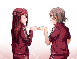 Rule 34 | 2girls, ^ ^, blush, closed eyes, closed eyes, fist bump, from behind, grey hair, grin, hair ornament, hairclip, half updo, highres, jacket, long sleeves, looking at another, love live!, love live! sunshine!!, multiple girls, pants, red hair, red jacket, red pants, sakurauchi riko, short hair, sleeves pushed up, smile, track jacket, track suit, watanabe you, yuchi (salmon-1000)