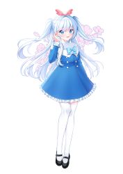 Rule 34 | 1girl, :d, absurdres, black footwear, blue bow, blue dress, blue eyes, blush, bow, commentary request, commission, dress, floral background, frilled dress, frills, full body, hair between eyes, hand up, highres, long hair, looking at viewer, mamel 27, mary janes, off-shoulder dress, off shoulder, open mouth, original, shirt, shoes, simple background, smile, solo, standing, thighhighs, two side up, very long hair, white background, white hair, white shirt, white thighhighs