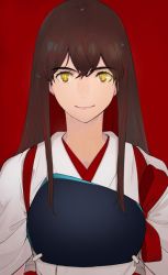Rule 34 | 1girl, akagi (kancolle), brown hair, commentary request, glowing, glowing eyes, hair between eyes, hair over shoulder, japanese clothes, kantai collection, kimono, long hair, looking at viewer, masato (mirai koubou), muneate, red background, simple background, smile, solo, tasuki, upper body, white kimono, yellow eyes
