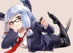 Rule 34 | 10s, 1girl, alternate costume, bespectacled, black pantyhose, blunt bangs, blush, brown eyes, buttoned cuffs, buttons, chess piece, formal, glasses, hair ribbon, hand on own cheek, hand on own face, head rest, headgear, kantai collection, legs up, long hair, long sleeves, looking at viewer, loose necktie, lying, murakumo (kancolle), necktie, on stomach, one eye closed, pantyhose, pencil skirt, queen (chess), red necktie, ribbon, short eyebrows, sidelocks, silver hair, simple background, skirt, skirt suit, solo, suit, thighband pantyhose, tress ribbon, yasu (yossy)