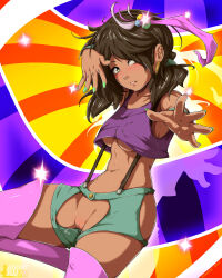 Rule 34 | 1girl, animeflux, blush, body writing, boots, breasts, brown hair, collarbone, crop top, crotchless, crotchless shorts, dark skin, earrings, feather hair ornament, green eyes, green nails, green shorts, hair bobbles, hair ornament, hair over one eye, highres, jewelry, long hair, looking at viewer, low twintails, medium breasts, midriff, multicolored background, navel, no panties, parted lips, pink footwear, purple shirt, pussy, pussy juice, shirt, shorts, sleeveless, sleeveless shirt, solo, sparkle, standing, striped, striped background, suspenders, teeth, thigh boots, twintails, underboob, wristband