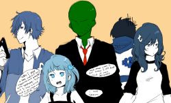 Rule 34 | 2girls, 3boys, 4chan, anonymous (4chan), blue eyes, blue hair, cellphone, couple, facebook, formal, hair ornament, looking away, multiple boys, multiple girls, myspace, personification, phone, school uniform, shirt, suit, tumblr, twitter