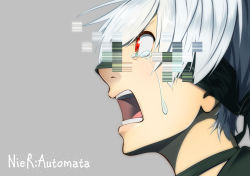 Rule 34 | 1boy, 9s (nier:automata), android, black neckwear, blindfold, choker, copyright name, crying, crying with eyes open, grey background, hair over one eye, hologram, male focus, nier:automata, nier (series), nose, one eye covered, open mouth, portrait, red eyes, sad, short hair, silver hair, simple background, solo, streaming tears, takurowo, tears, teeth