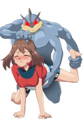 Rule 34 | 1boy, 1girl, barefoot, bike shorts, blush, breasts, brown hair, closed eyes, commentary request, covered erect nipples, creatures (company), crying, doggystyle, eyelashes, game freak, gen 1 pokemon, hetero, highres, implied sex, interspecies, leg up, machamp, may (pokemon), nintendo, parted lips, pokemon, pokemon (anime), pokemon (creature), pokemon rse (anime), rape, red shirt, sakura painter, sex, sex from behind, shirt, short sleeves, skirt, spread legs, tears, torn bike shorts, torn clothes, transparent background, white skirt