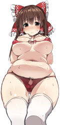 Rule 34 | 1girl, 3:, 5240mosu (style), absurdres, adapted costume, arms behind back, belly, benjamin baton suukina jinsei, benjamin button suukina jinsei, bikini, blush, bow, breasts, brown eyes, brown hair, cameltoe, closed mouth, collarbone, cookie (touhou), covered erect nipples, cowboy shot, fat rolls, from below, frown, hair bow, hair ribbon, hair tubes, hakurei reimu, hands on own chest, highres, kanna (cookie), large bow, large breasts, long hair, looking at viewer, looking down, micro bikini, navel, parody, plump, red bikini, red bow, red ribbon, ribbon, shiny skin, sidelocks, simple background, solo, standing, stomach, style parody, sweat, swimsuit, tears, thigh gap, thighhighs, thighs, touhou, underboob, white background, white thighhighs