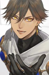 Rule 34 | 1boy, brown hair, commentary request, dark-skinned male, dark skin, earrings, egyptian clothes, fate/grand order, fate (series), gloves, hair between eyes, highres, jewelry, long hair, looking at viewer, male focus, open mouth, ozymandias (fate), smile, solo, takashi (huzakenna), yellow eyes