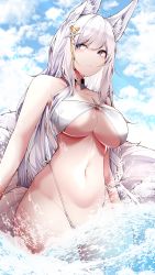 Rule 34 | 1girl, absurdres, animal ears, ass, azur lane, bikini, blue sky, blush, breasts, cleavage, closed mouth, collarbone, commentary request, day, front-tie bikini top, front-tie top, grey eyes, hair ornament, highleg, highleg bikini, highres, large breasts, long hair, looking at viewer, navel, outdoors, partially submerged, samip, shinano (azur lane), side-tie bikini bottom, sideboob, sitting, sky, solo, star (symbol), star hair ornament, stomach, strapless, strapless bikini, swimsuit, tail, thighs, very long hair, white bikini, white hair