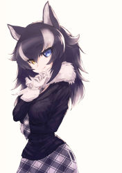 Rule 34 | 10s, 1girl, absurdres, animal ears, black hair, blue eyes, breast hold, breasts, emoshon, fur collar, gloves, grey wolf (kemono friends), heterochromia, highres, kemono friends, large breasts, light smile, long hair, long sleeves, looking at viewer, multicolored hair, necktie, simple background, skirt, solo, two-tone hair, white background, wolf ears, yellow eyes