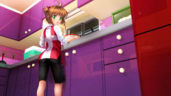 Rule 34 | 1990s (style), 1girl, :o, antenna hair, ass, bike shorts, brown hair, cardcaptor sakura, casual, from below, green eyes, hair bobbles, hair ornament, highres, indoors, kinomoto sakura, kitchen, looking back, mutsuki (moonknives), open mouth, reflection, short hair, sleeves rolled up, solo, twintails, two side up, whisk