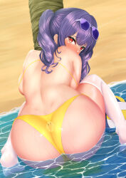 Rule 34 | 1girl, ass, aviator sunglasses, azur lane, back, back focus, backboob, ball, beach, bikini, breasts, dutch angle, eyewear on head, full body, highres, large breasts, long hair, looking at viewer, looking back, medium breasts, official alternate costume, pola (azur lane), pola (seaside coincidence) (azur lane), purple hair, red eyes, skindentation, solo, sunglasses, swimsuit, twintails, volleyball (object), water, wet legwear, wet thighhighs, yellow bikini, yosame yugyo