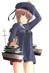 Rule 34 | 10s, 1girl, brown eyes, brown hair, clothes writing, hand on headwear, hat, highres, kantai collection, looking at viewer, machinery, neckerchief, no pants, nyantaro, open mouth, panties, pantyshot, sailor collar, sailor hat, short hair, sidelocks, simple background, solo, standing, turret, underwear, white background, white panties, z3 max schultz (kancolle)