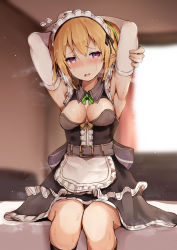 Rule 34 | 1girl, alternate costume, armpits, arms up, belt, belt buckle, black dress, blonde hair, blurry, blurry background, blush, breasts, buckle, chloe (princess connect!), dress, elbow gloves, elf, enmaided, frills, gloves, highres, indoors, kneehighs, maid, maid headdress, open mouth, pointy ears, princess connect!, purple eyes, se-u-ra, sitting, socks, solo, sweat