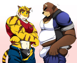 Rule 34 | 2boys, animal ears, ass, bara, bear boy, belt, big belly, black belt, black male swimwear, blush, bouncing bulge, bulge, bulge lift, character request, dressing, fat, fat man, feet out of frame, forked eyebrows, from side, fundoshi, furry, furry male, furry with furry, i&#039;ve never seen a guy recreate this successfully tbh (meme), japanese clothes, large bulge, large pectorals, looking at bulge, male focus, male swimwear, male underwear, meme, midriff peek, morenatsu, mouhu (bearlovestiger13), multiple boys, muscular, muscular male, open pants, pants, pants lift, pectoral cleavage, pectorals, print male swimwear, red tank top, short hair, stomach, sweatdrop, swim briefs, tail, tank top, thick eyebrows, tiger boy, tiger ears, tiger tail, torahiko oshima, undersized clothes, underwear, white male underwear, wide-eyed, yaoi, yellow fur