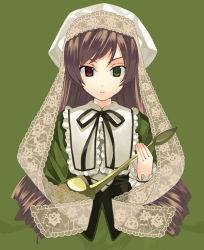 Rule 34 | 00s, 1girl, brown hair, drill hair, female focus, hat, heterochromia, holding, kabocha, kabocha (monkey4), long hair, long sleeves, ribbon, rozen maiden, solo, suiseiseki, twin drills, twintails, watering can
