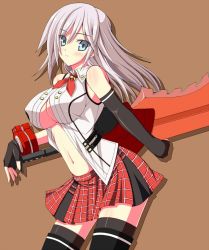 Rule 34 | 10s, 1girl, alisa ilinichina amiella, bare shoulders, blue eyes, boots, breasts, elbow gloves, fingerless gloves, gloves, god eater, god eater 2: rage burst, holding, holding weapon, huge weapon, large breasts, long hair, looking at viewer, open clothes, silver hair, simple background, skirt, solo, suspender skirt, suspenders, sword, thigh boots, thighhighs, underboob, weapon