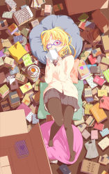 Rule 34 | 1girl, ;), blonde hair, book, box, brown pantyhose, cardboard box, covering face, covering own mouth, covering privates, cup, glasses, highres, holding, holding book, looking at viewer, lying, no shoes, on back, one eye closed, open book, original, pantyhose, pillow, plate, purple-framed eyewear, purple eyes, red eyes, rokuno, school uniform, skirt, smile, solo, tea, teacup, too many, too many books, wink