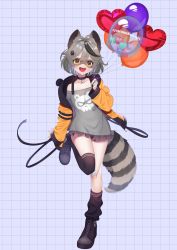 Rule 34 | 1girl, 786(nayam), absurdres, animal ears, anniversary, balloon, black choker, choker, collarbone, commentary, commission, english commentary, grey hair, grey shirt, highres, holding, holding balloon, hood, hoodie, indie virtual youtuber, off-shoulder shirt, off shoulder, open hand, open mouth, orange hoodie, raccoon ears, raccoon girl, raccoon tail, second-party source, shirt, short hair, single thighhigh, skeb commission, smile, snuffy (vtuber), solo, tail, thighhighs, virtual youtuber